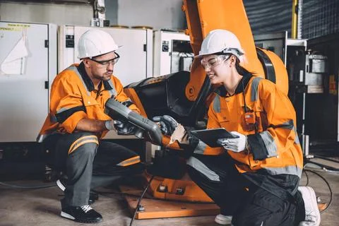 Engineer team working together training new staff worker to operate hand co.. Stock Photos