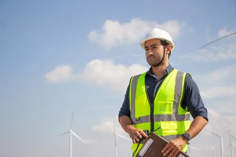 Engineer team working in wind turbine farm. Renewable energy with wind genera Stock Photos