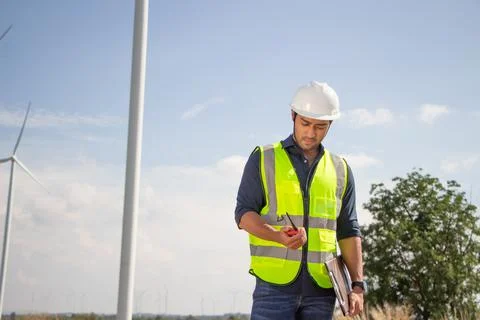 Engineer team working in wind turbine farm. Renewable energy with wind genera Stock Photos