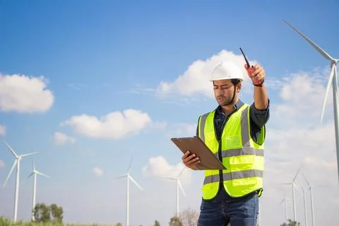 Engineer team working in wind turbine farm. Renewable energy with wind genera Stock Photos