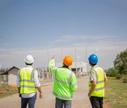Engineer team working in wind turbine farm. Renewable energy with wind genera 스톡 사진