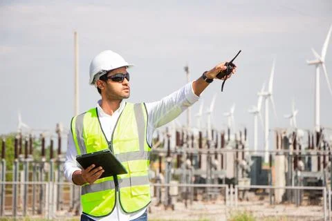 Engineer team working in wind turbine farm. Renewable energy with wind genera Stock Photos