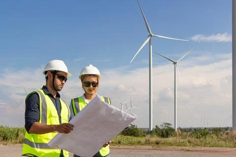Engineer team working in wind turbine farm. Renewable energy with wind genera Stock Photos