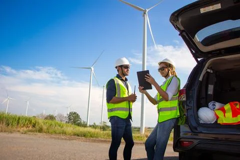 Engineer team working in wind turbine farm. Renewable energy with wind genera Stock Photos