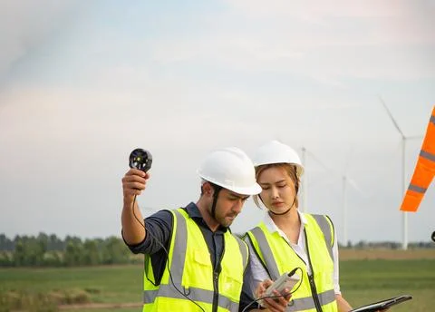 Engineer team working in wind turbine farm. Renewable energy with wind genera Stock Photos