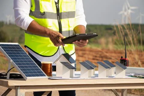 Engineer team working in wind turbine farm and solar cell. Renewable energy with Stock Photos