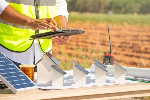 Engineer team working in wind turbine farm and solar cell. Renewable energy with Stock Photos