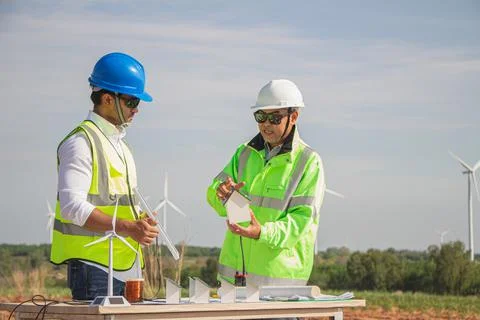 Engineer team working in wind turbine farm and solar cell. Renewable energy with Stock Photos