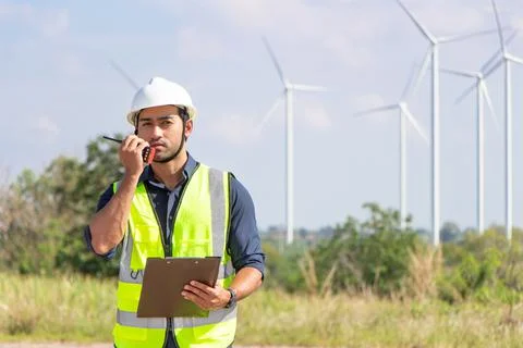 Engineer team working in wind turbine farm. Renewable energy with wind genera Stock Photos