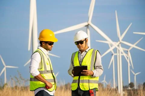 Engineer team working in wind turbine farm. Renewable energy with wind genera Stock Photos