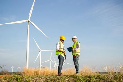 Engineer team working in wind turbine farm. Renewable energy with wind genera 스톡 사진