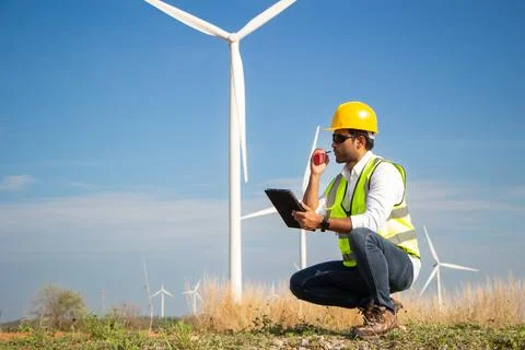 Engineer team working in wind turbine farm. Renewable energy with wind genera Stock Photos
