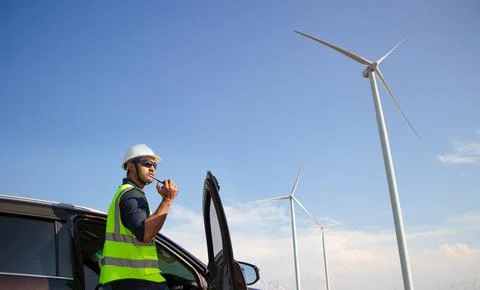 Engineer team working in wind turbine farm. Renewable energy with wind genera Stock Photos