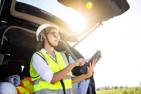 Engineer team working in wind turbine farm. Renewable energy with wind genera Stock Photos