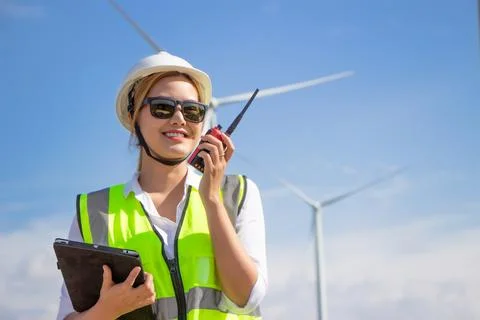 Engineer team working in wind turbine farm. Renewable energy with wind genera 스톡 사진