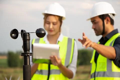 Engineer team working in wind turbine farm. Renewable energy with wind genera Stock Photos