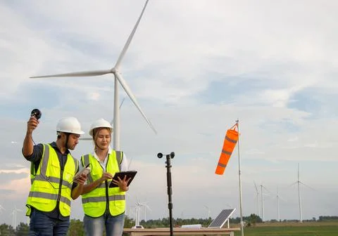 Engineer team working in wind turbine farm. Renewable energy with wind genera Stock Photos