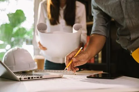 Engineer teamwork. Image of engineer meeting for architectural project. Stock Photos