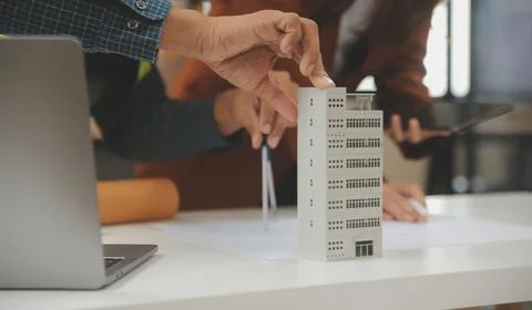 Engineer Teamwork Meeting, Drawing working on blueprint meeting for project.. Stock Photos