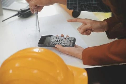 Engineer Teamwork Meeting, Drawing working on blueprint meeting for project.. Stock Photos