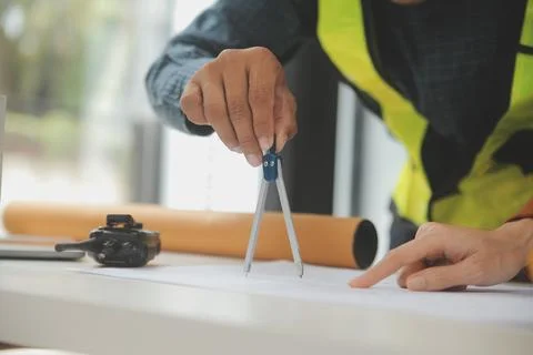 Engineer Teamwork Meeting, Drawing working on blueprint meeting for project.. Stock Photos
