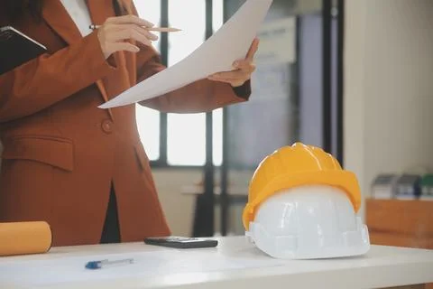 Engineer Teamwork Meeting, Drawing working on blueprint meeting for project.. Stock Photos