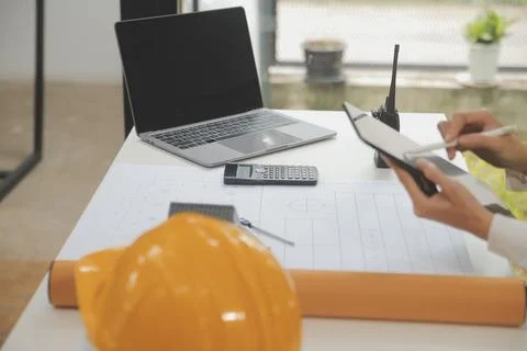 Engineer Teamwork Meeting, Drawing working on blueprint meeting for project.. Stock Photos