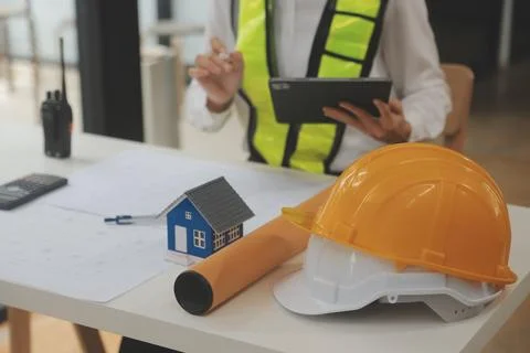 Engineer Teamwork Meeting, Drawing working on blueprint meeting for project.. Stock Photos