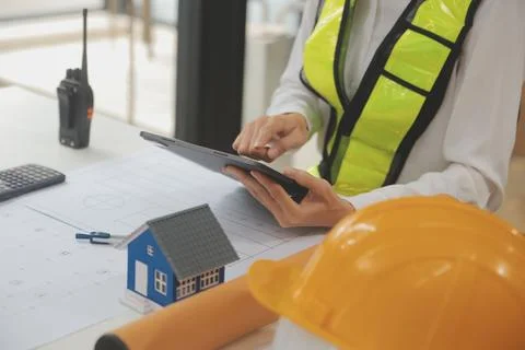 Engineer Teamwork Meeting, Drawing working on blueprint meeting for project.. Stock Photos