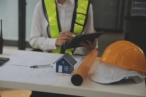 Engineer Teamwork Meeting, Drawing working on blueprint meeting for project.. Stock Photos