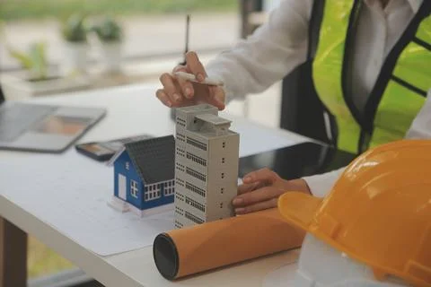 Engineer Teamwork Meeting, Drawing working on blueprint meeting for project.. Foto stock