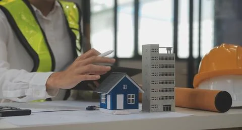 Engineer Teamwork Meeting, Drawing working on blueprint meeting for project.. Stock Photos