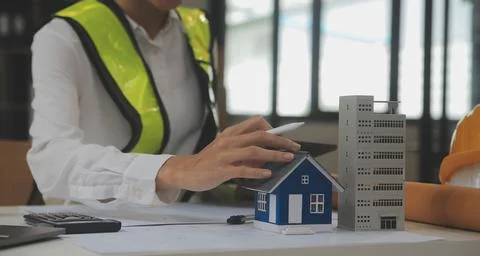 Engineer Teamwork Meeting, Drawing working on blueprint meeting for project.. Stock Photos