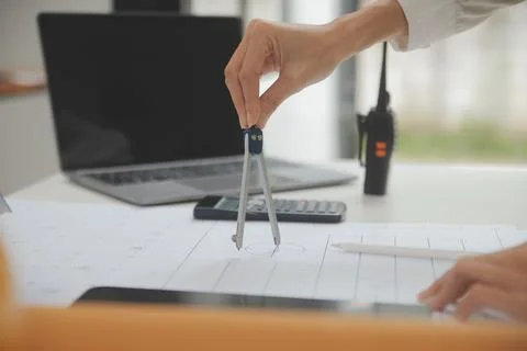 Engineer Teamwork Meeting, Drawing working on blueprint meeting for project.. Stock Photos