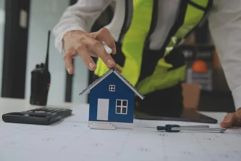 Engineer Teamwork Meeting, Drawing working on blueprint meeting for project.. Stock Photos