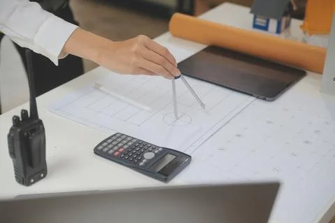 Engineer Teamwork Meeting, Drawing working on blueprint meeting for project.. Stock Photos