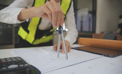 Engineer Teamwork Meeting, Drawing working on blueprint meeting for project.. Stock Photos