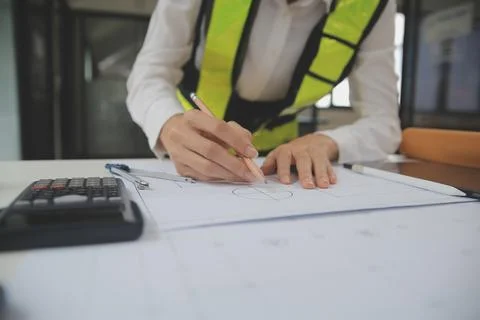 Engineer Teamwork Meeting, Drawing working on blueprint meeting for project.. Stock Photos