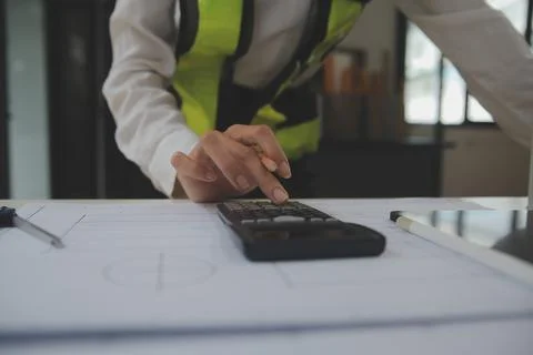 Engineer Teamwork Meeting, Drawing working on blueprint meeting for project.. Stock Photos