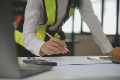 Engineer Teamwork Meeting, Drawing working on blueprint meeting for project.. Stock Photos