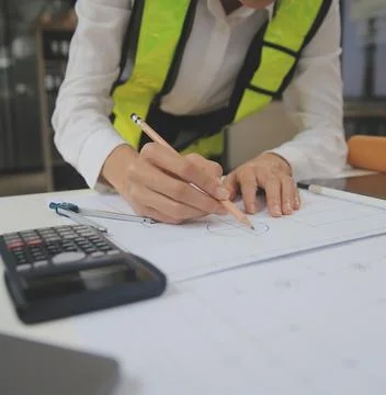 Engineer Teamwork Meeting, Drawing working on blueprint meeting for project.. Stock Photos