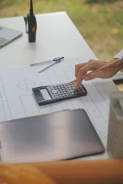 Engineer Teamwork Meeting, Drawing working on blueprint meeting for project.. Stock Photos