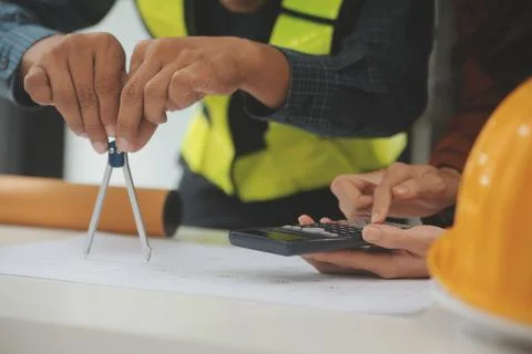 Engineer Teamwork Meeting, Drawing working on blueprint meeting for project.. Stock Photos