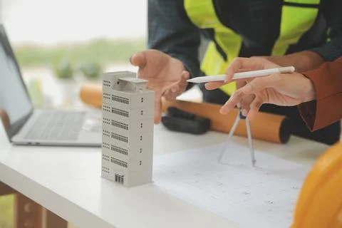 Engineer Teamwork Meeting, Drawing working on blueprint meeting for project.. Stock Photos