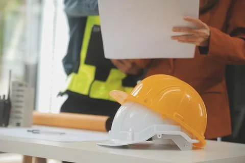 Engineer Teamwork Meeting, Drawing working on blueprint meeting for project.. Stock Photos