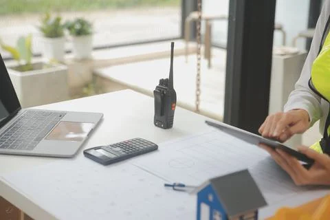 Engineer Teamwork Meeting, Drawing working on blueprint meeting for project.. Stock Photos