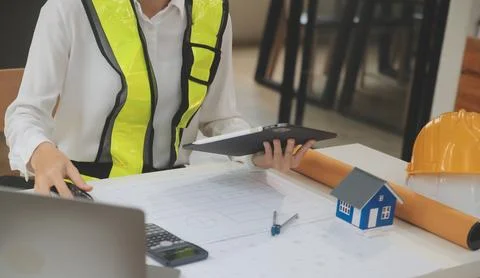 Engineer Teamwork Meeting, Drawing working on blueprint meeting for project.. Stock Photos