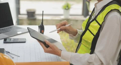 Engineer Teamwork Meeting, Drawing working on blueprint meeting for project.. Stock Photos