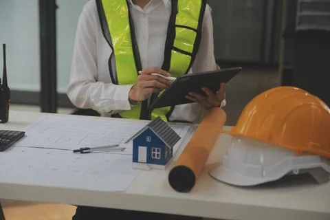Engineer Teamwork Meeting, Drawing working on blueprint meeting for project.. Stock Photos