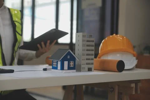 Engineer Teamwork Meeting, Drawing working on blueprint meeting for project.. Stock Photos